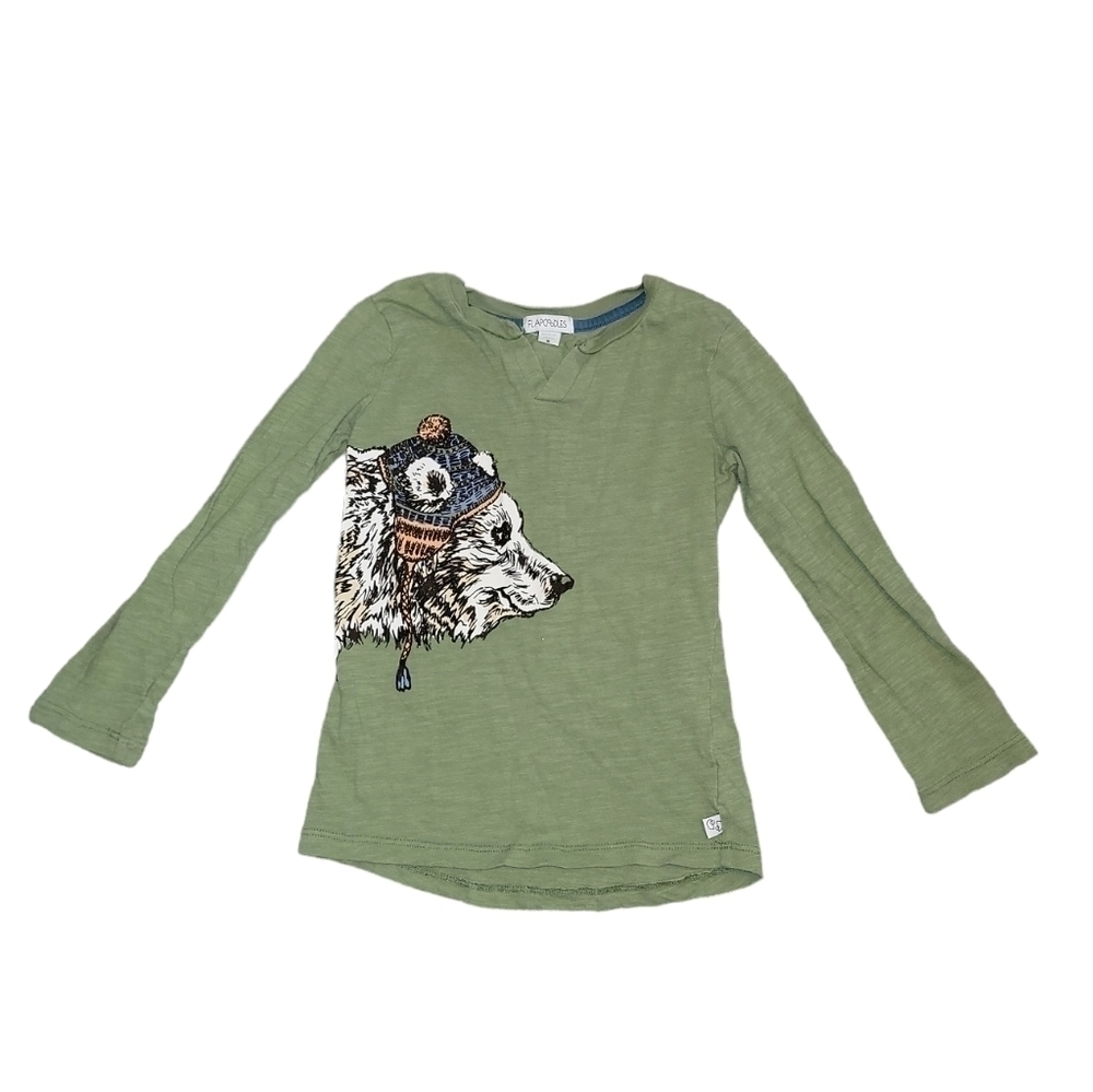 5/$25 Flapdoodles size 5 long sleeve shirt green with bear wearing hat design